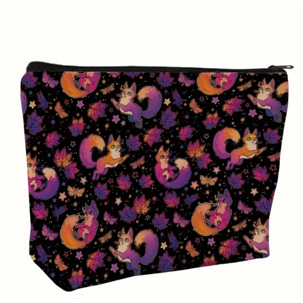 Celestial Fox Autumn Leaves Makeup Bag Zippered Travel Toiletry‎ Pouch Black
